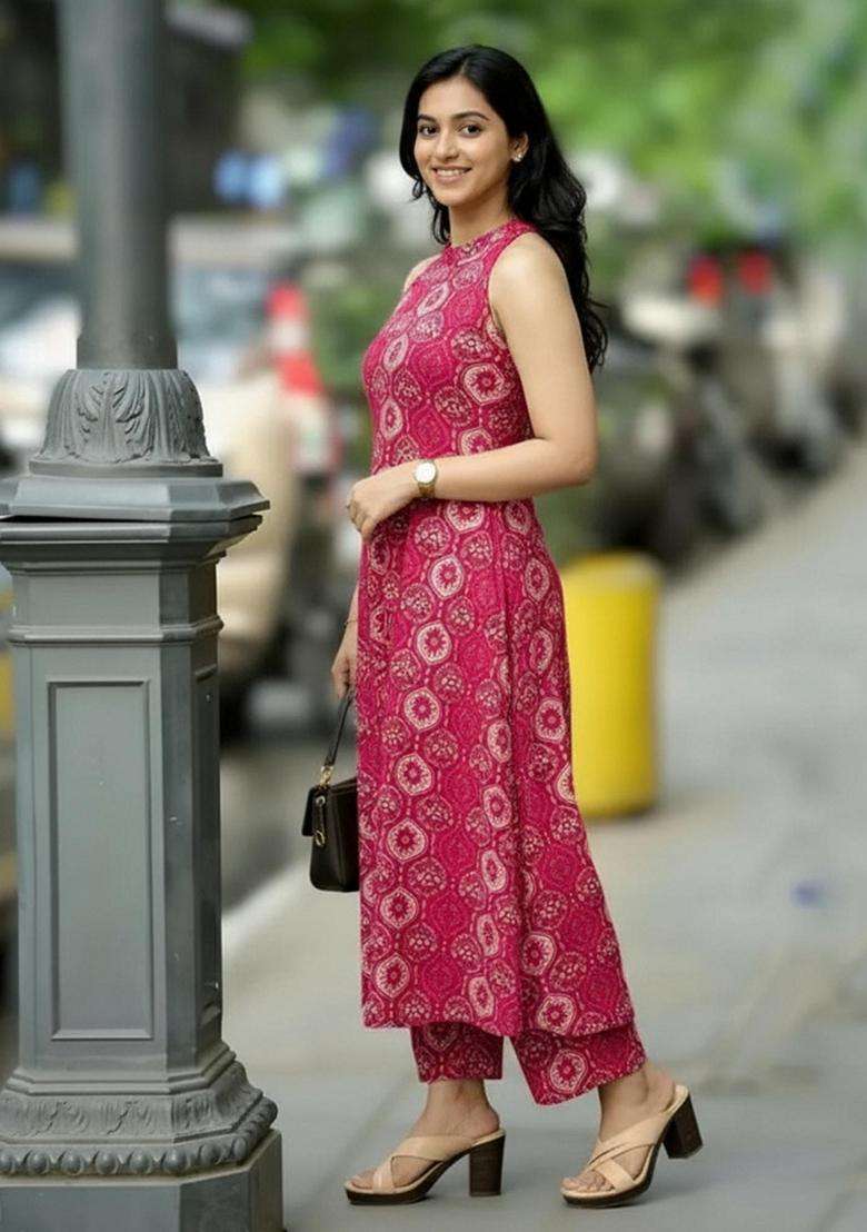 Pink Printed Rayon Anarkali Set - Indya