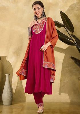 Rani Pink Embroidery Silk Anarkali Set