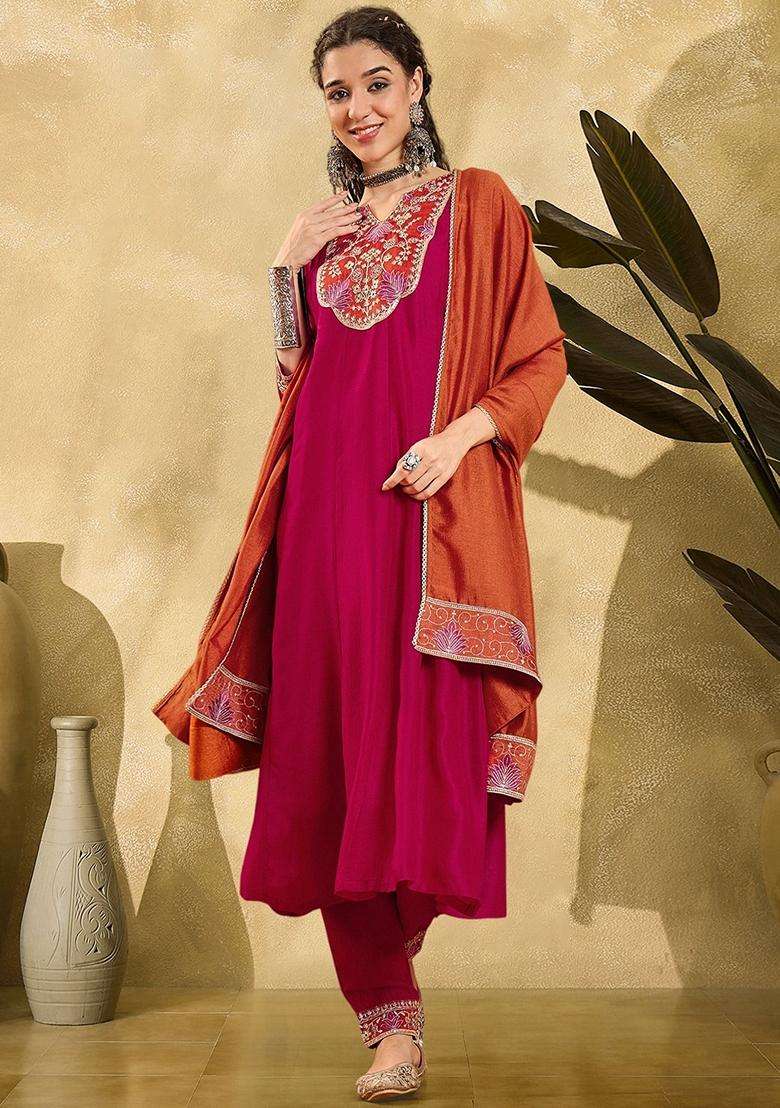 Rani Pink Embroidery Silk Blend Anarkali Set - Indya
