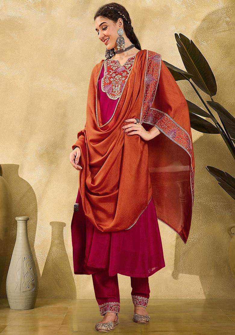 Rani Pink Embroidery Silk Blend Anarkali Set - Indya