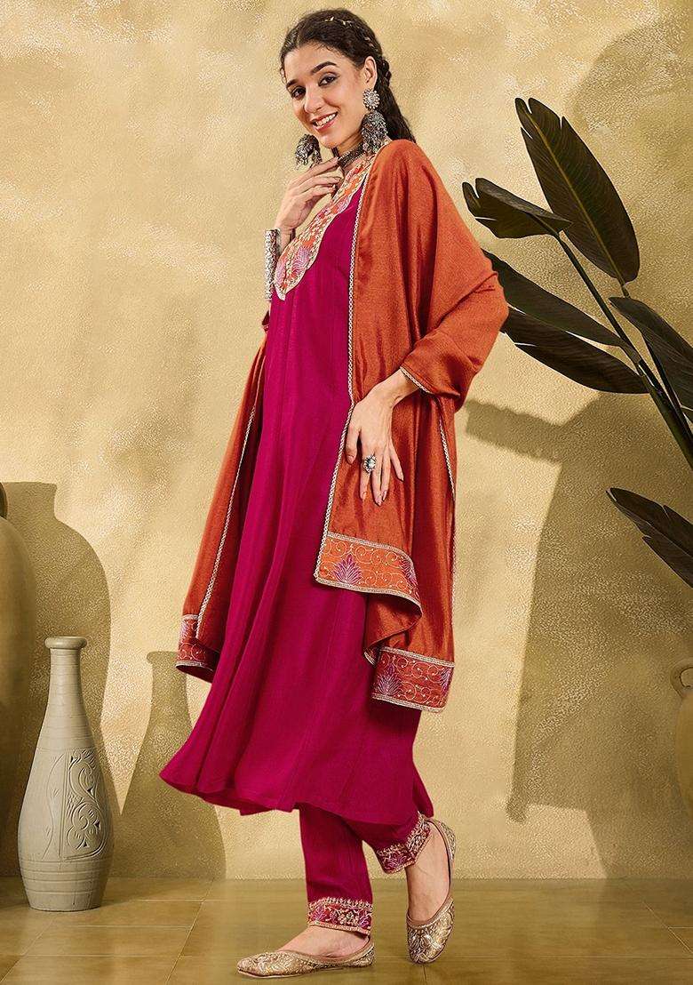 Rani Pink Embroidery Silk Blend Anarkali Set - Indya