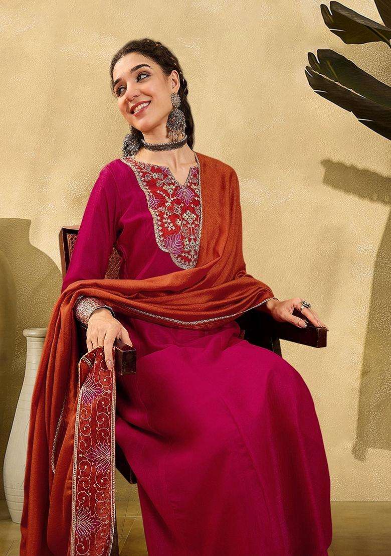Rani Pink Embroidery Silk Blend Anarkali Set - Indya