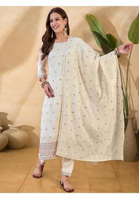 Off White Embroidery Silk Kurta Set