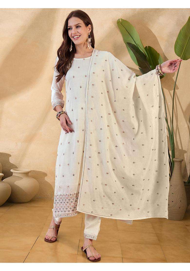 Off White Embroidery Silk Blend Kurta Set - Indya