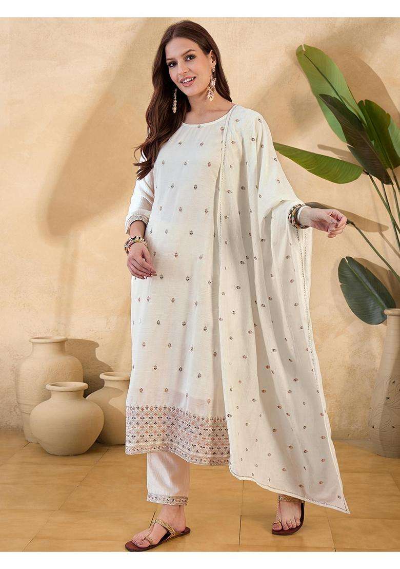 Off White Embroidery Silk Blend Kurta Set - Indya