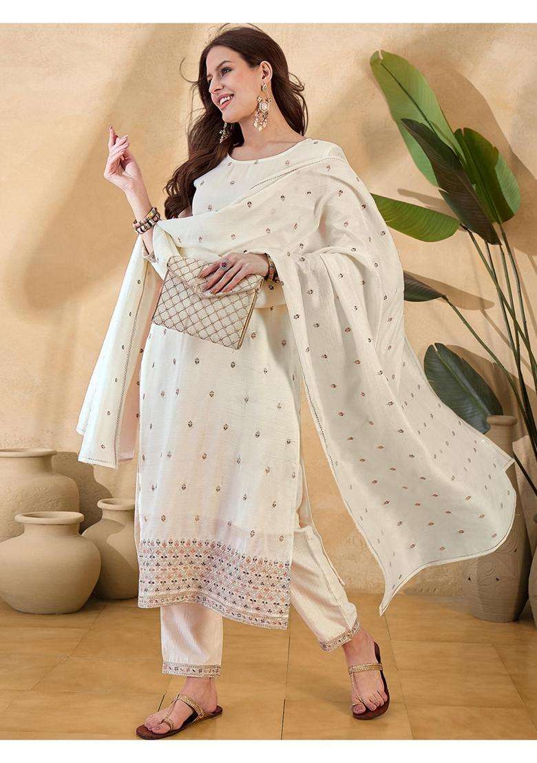 Off White Embroidery Silk Blend Kurta Set - Indya
