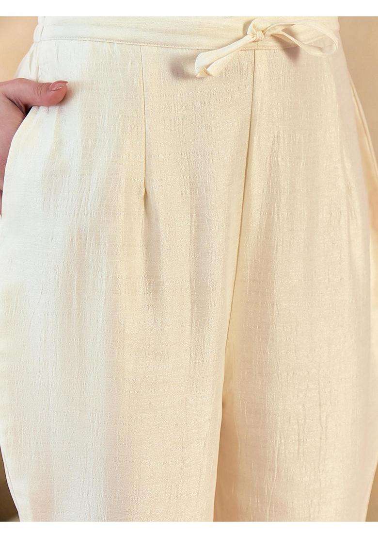 Off White Embroidery Silk Blend Kurta Set - Indya