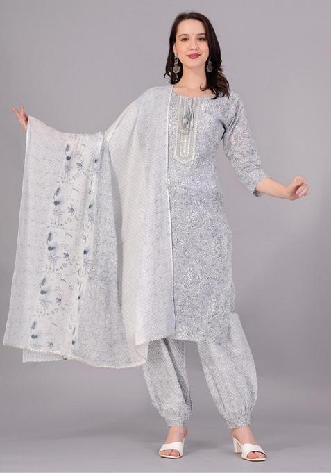 Grey Floral Cotton Salwar Suit Set — view on Indya