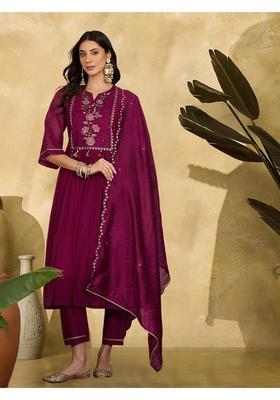 Purple Embroidery Cotton Kurta Set