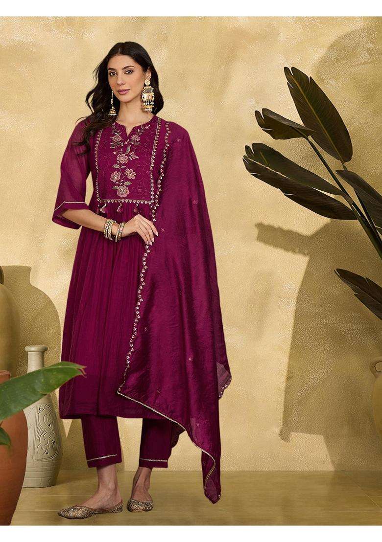 Purple Embroidery Cotton Kurta Set - Indya