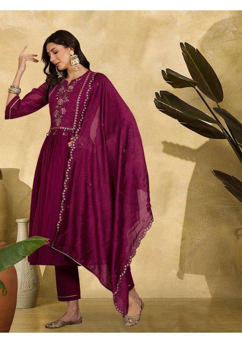 Purple Embroidery Cotton Kurta Set - Indya