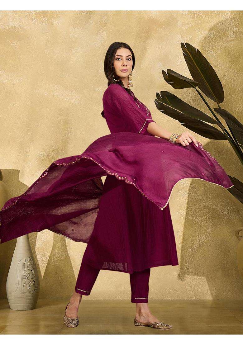 Purple Embroidery Cotton Kurta Set - Indya