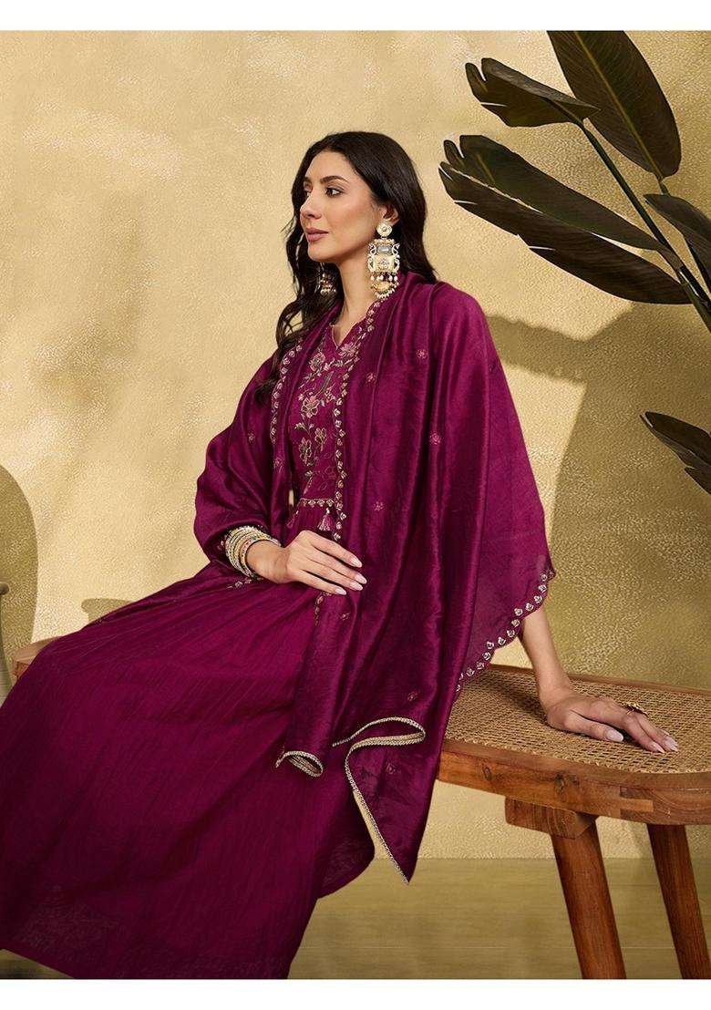 Purple Embroidery Cotton Kurta Set - Indya