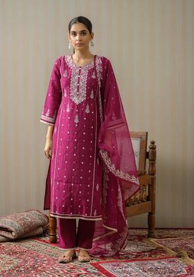 Wine Embroidery Silk Kurta Set