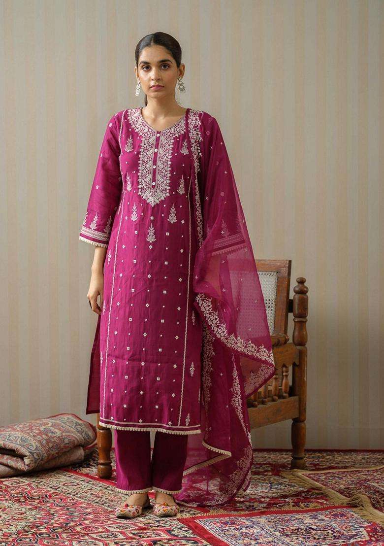 Wine Embroidery Silk Blend Kurta Set - Indya
