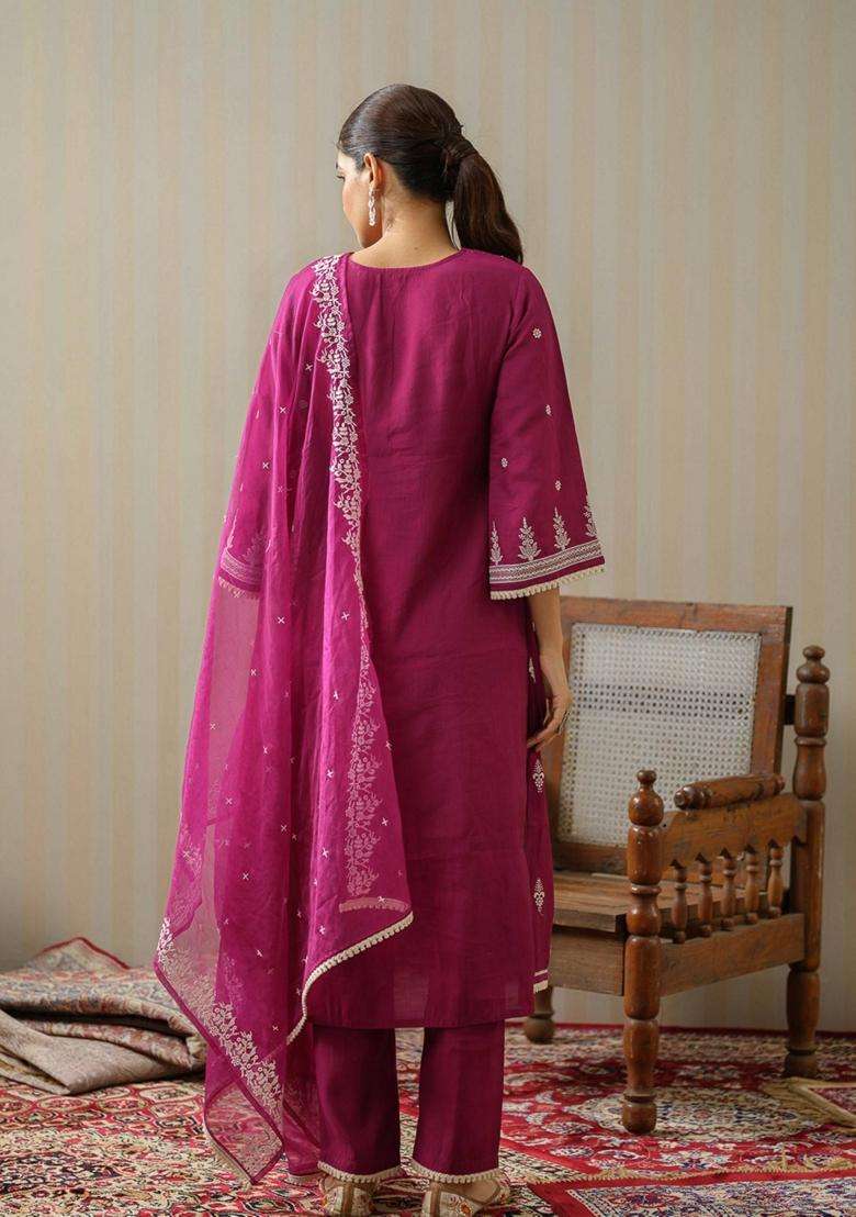 Wine Embroidery Silk Blend Kurta Set - Indya