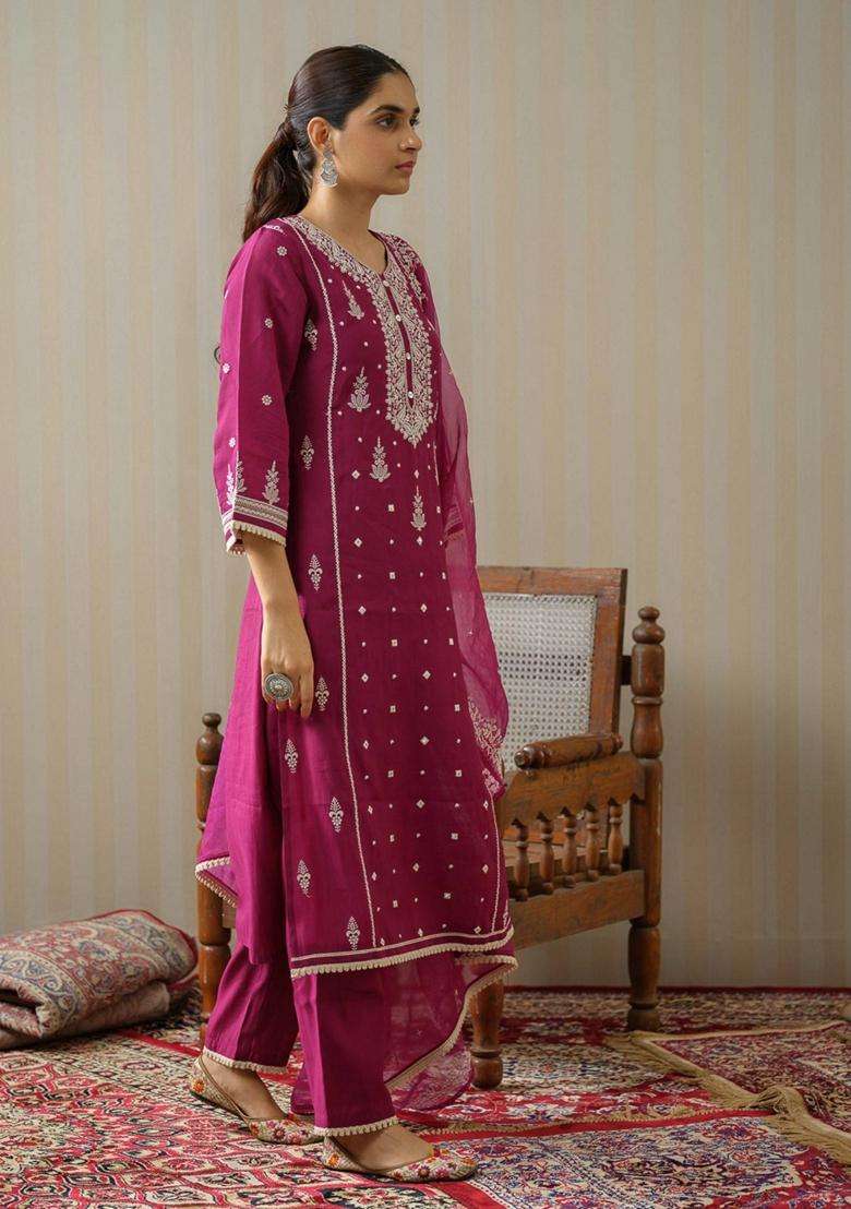 Wine Embroidery Silk Blend Kurta Set - Indya