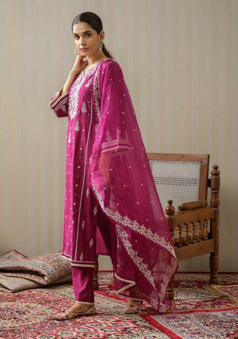 Wine Embroidery Silk Blend Kurta Set - Indya