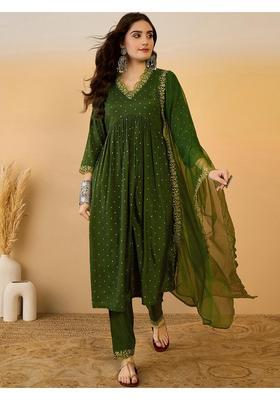 Green Embroidery Silk Anarkali Set