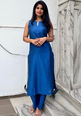 Blue Solid Rayon Kurta Set