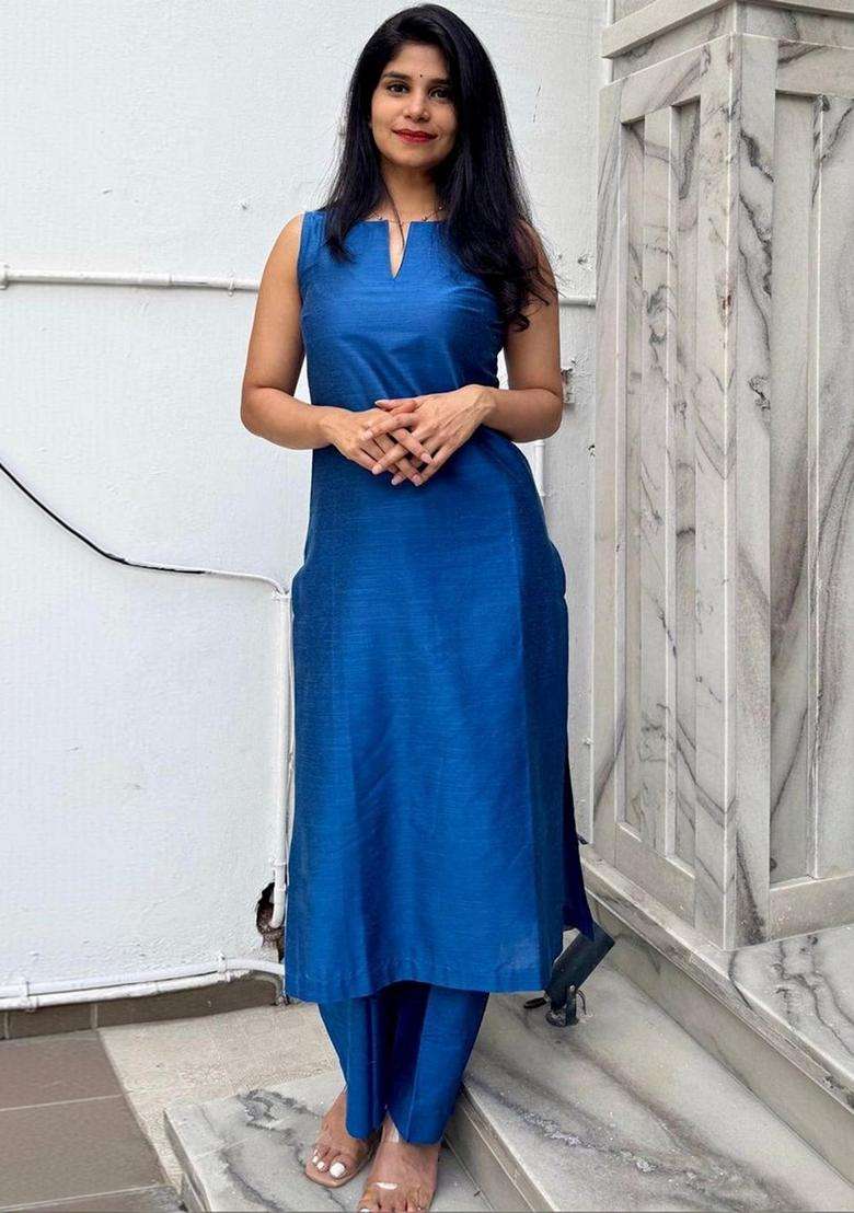 Blue Solid Rayon Kurta Set - Indya