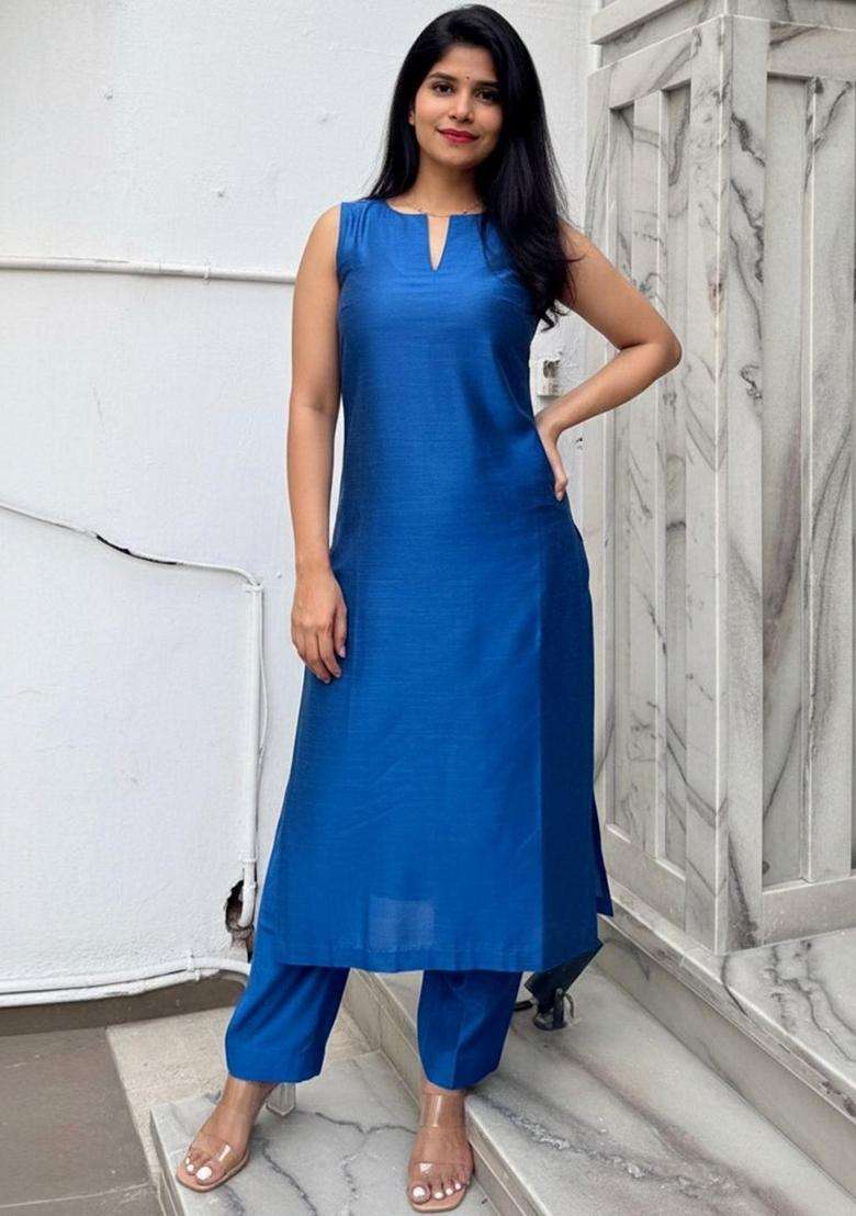 Blue Solid Rayon Kurta Set - Indya