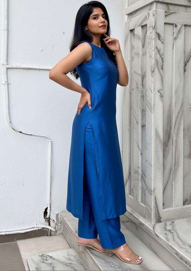Blue Solid Rayon Kurta Set - Indya
