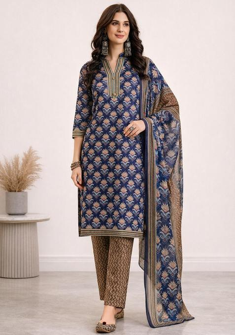 Blue Floral Polyester Kurta Set — view on Indya