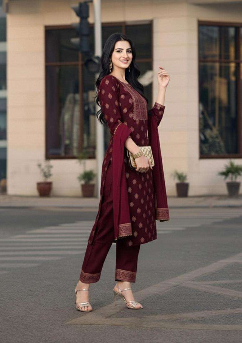 Wine Floral Rayon Kurta Set - Indya