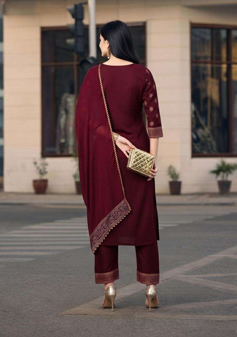 Wine Floral Rayon Kurta Set - Indya