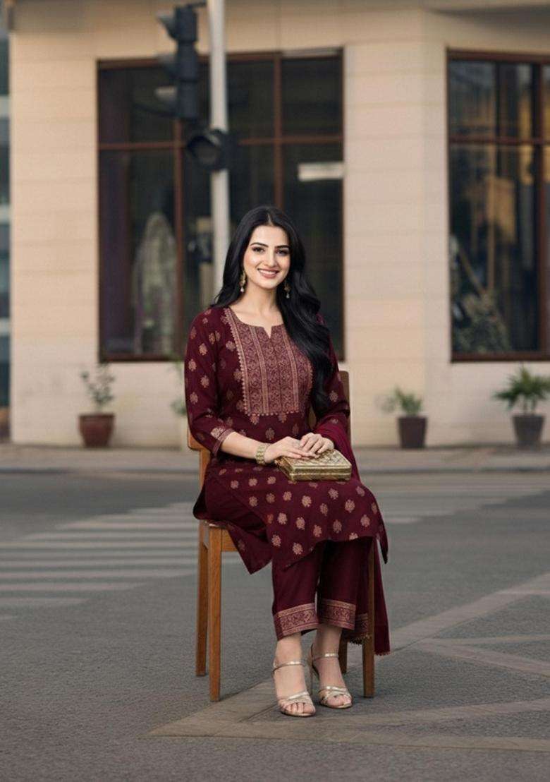 Wine Floral Rayon Kurta Set - Indya