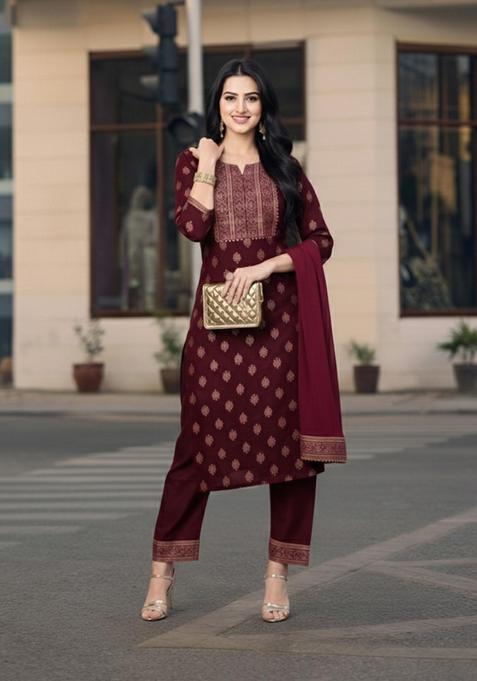 Wine Floral Rayon Kurta Set — view on Indya