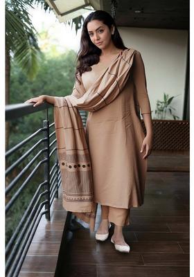Beige Solid Rayon Kurta Set