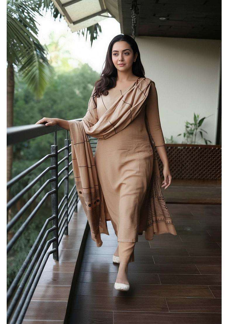 Beige Solid Rayon Kurta Set - Indya