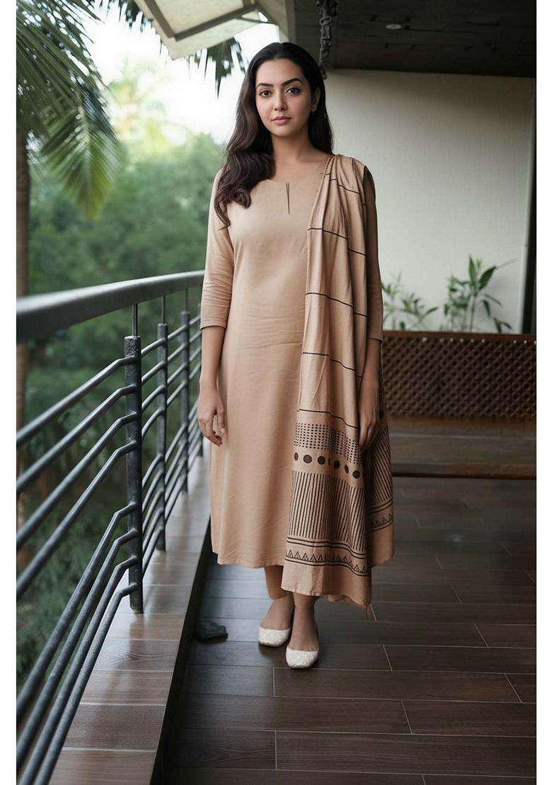 Beige Solid Rayon Kurta Set - Indya