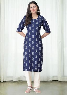 Navy Blue Floral Crepe Kurta Set