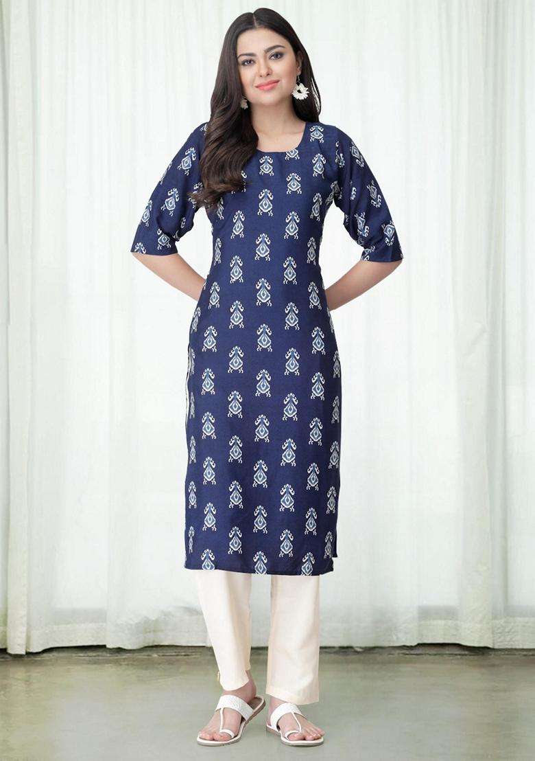 Navy Blue Floral Crepe Kurta Set - Indya