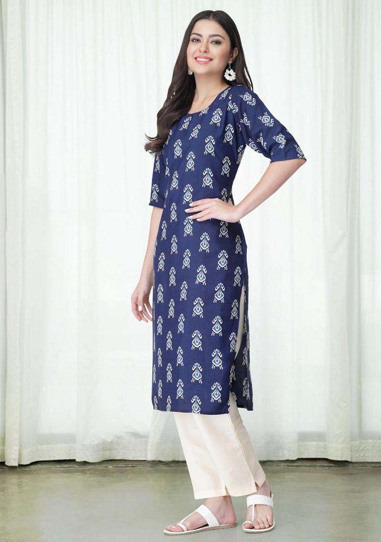 Navy Blue Floral Crepe Kurta Set - Indya