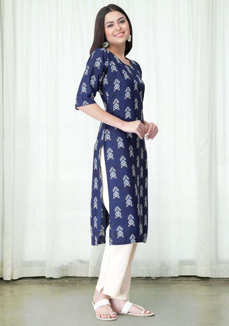 Navy Blue Floral Crepe Kurta Set - Indya