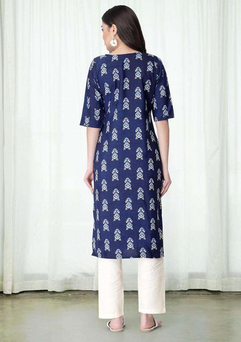 Navy Blue Floral Crepe Kurta Set - Indya
