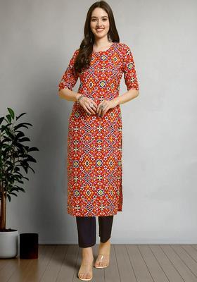 Red Printed Crepe Kurta Set