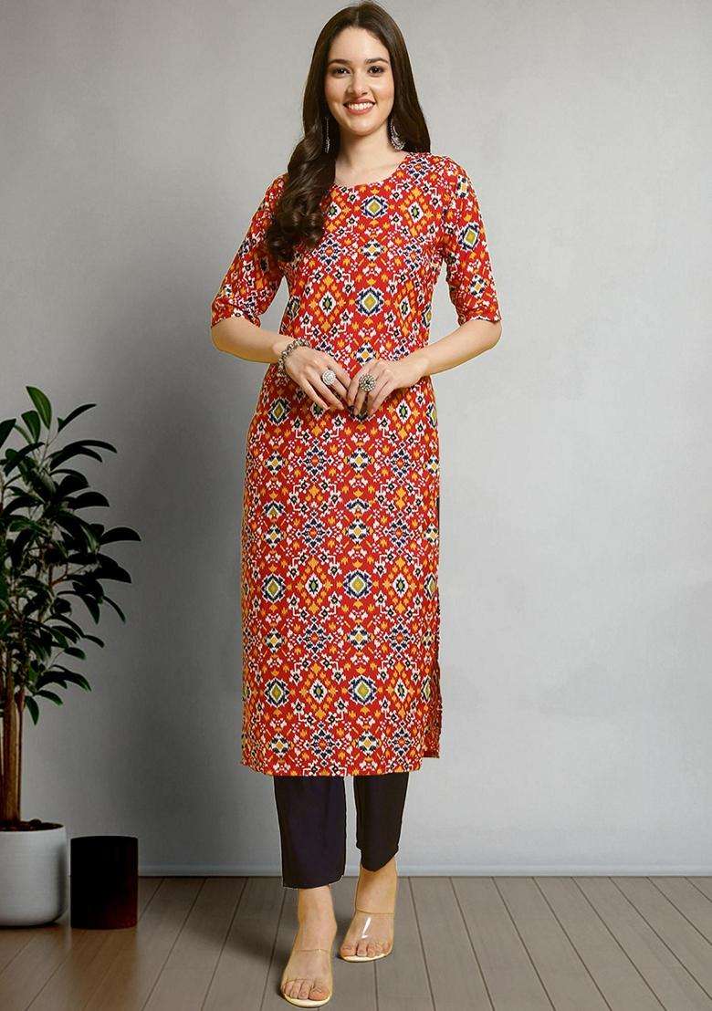 Red Printed Crepe Kurta Set - Indya