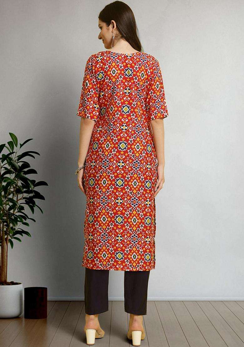 Red Printed Crepe Kurta Set - Indya