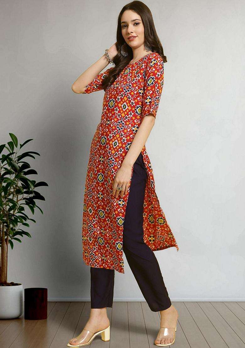 Red Printed Crepe Kurta Set - Indya