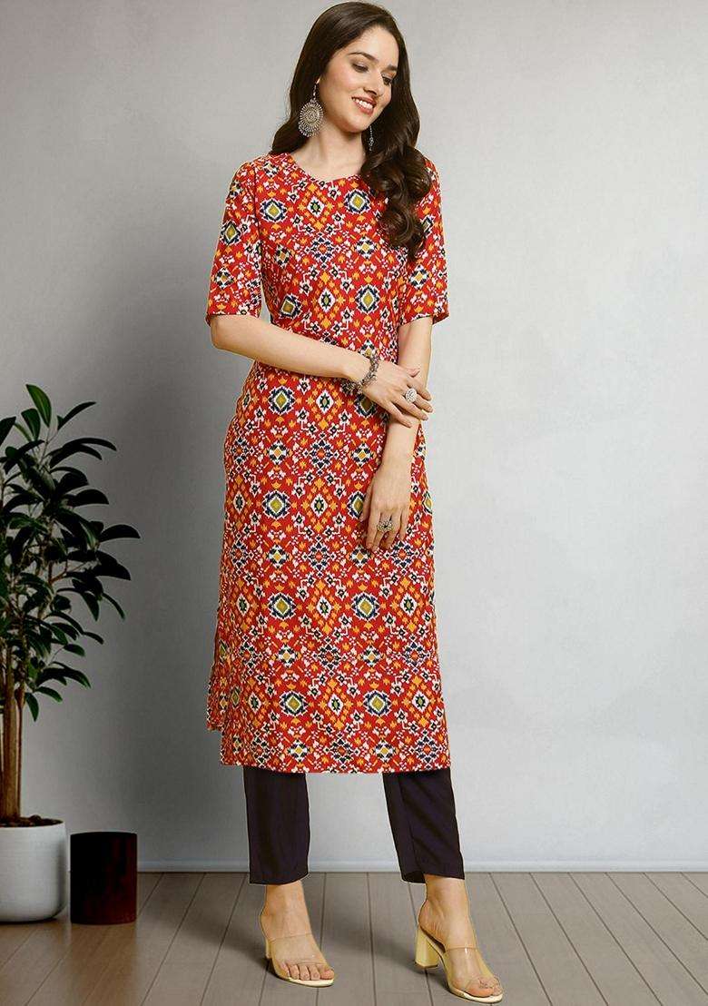 Red Printed Crepe Kurta Set - Indya