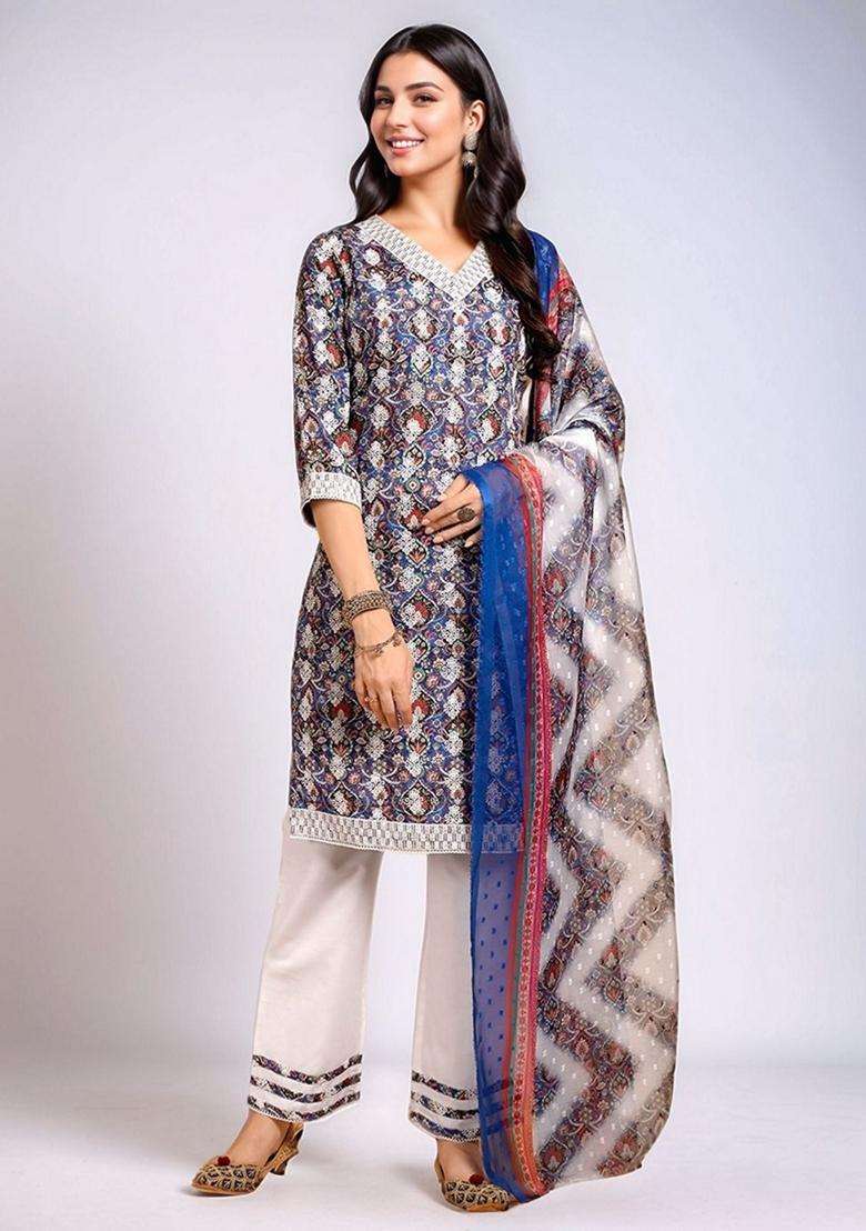 Blue Embroidery Cotton Kurta Set - Indya