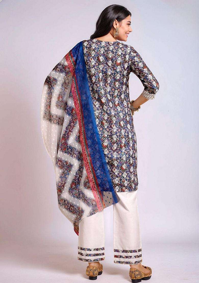 Blue Embroidery Cotton Kurta Set - Indya