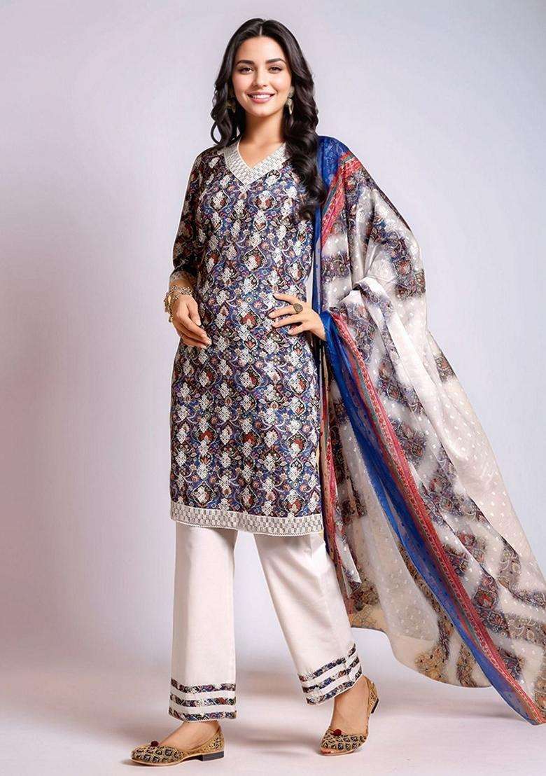 Blue Embroidery Cotton Kurta Set - Indya