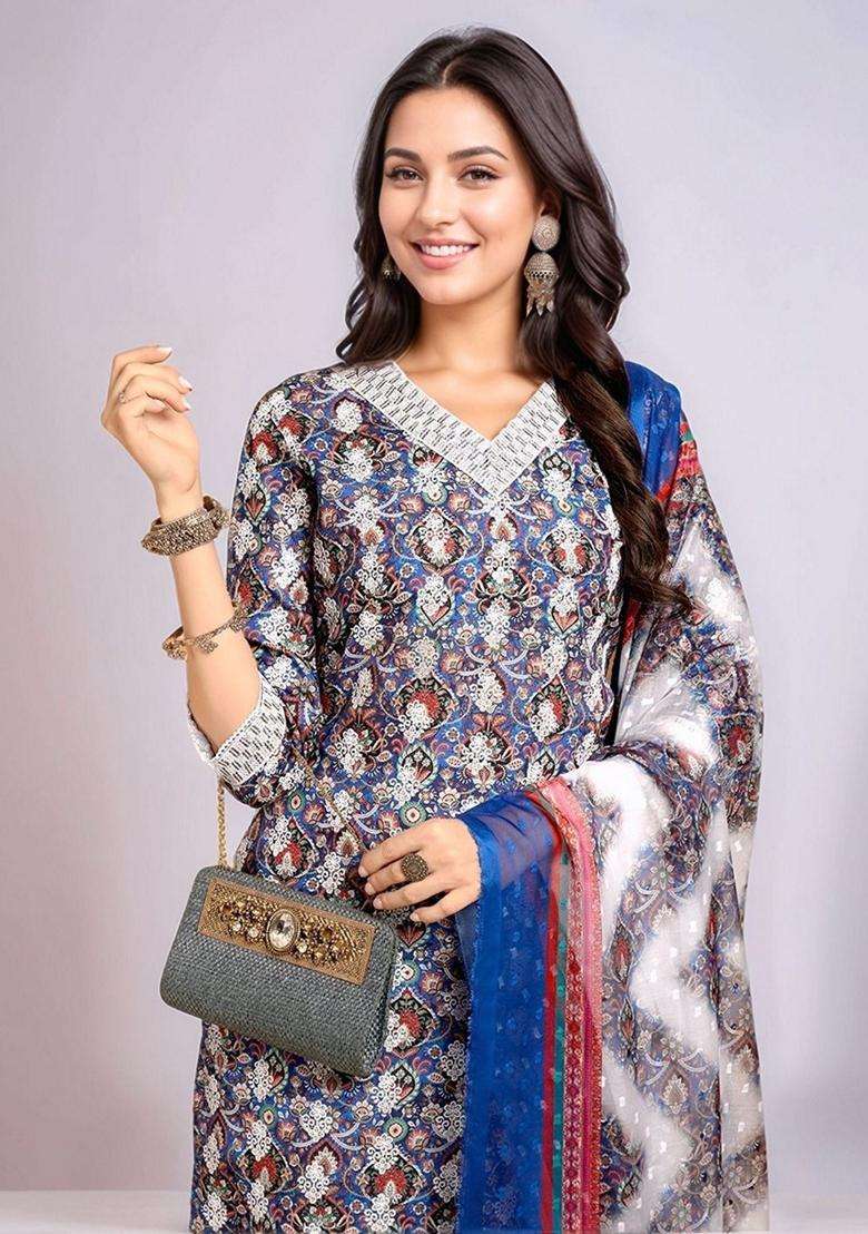 Blue Embroidery Cotton Kurta Set - Indya