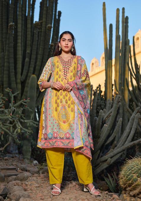 Yellow Floral Polyester Kurta Set — view on Indya